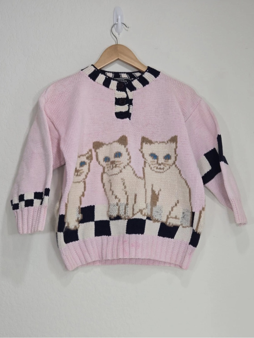 VTG Berek Cats Sweater Pink Three Fuzzy Cats Hand Knit No Size Tag READ